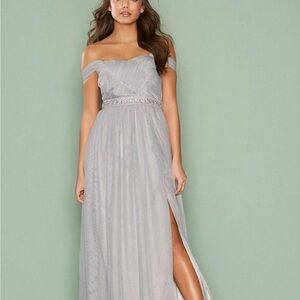 Little Mistress Off-Shoulder Silver Gown